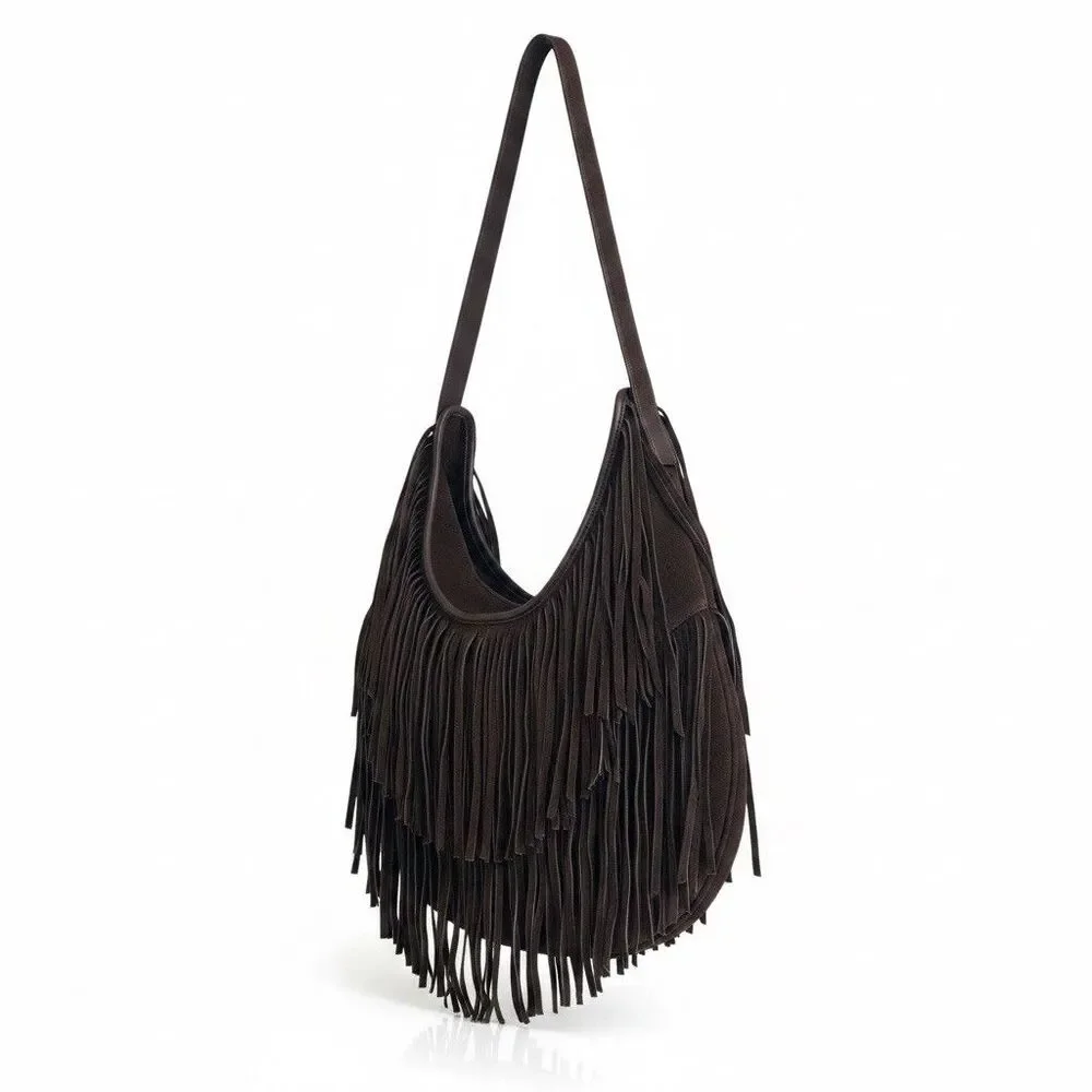 Vilenca Holland Dark Brown Suede Fringe Hobo Bag Boho Festival Western NWT